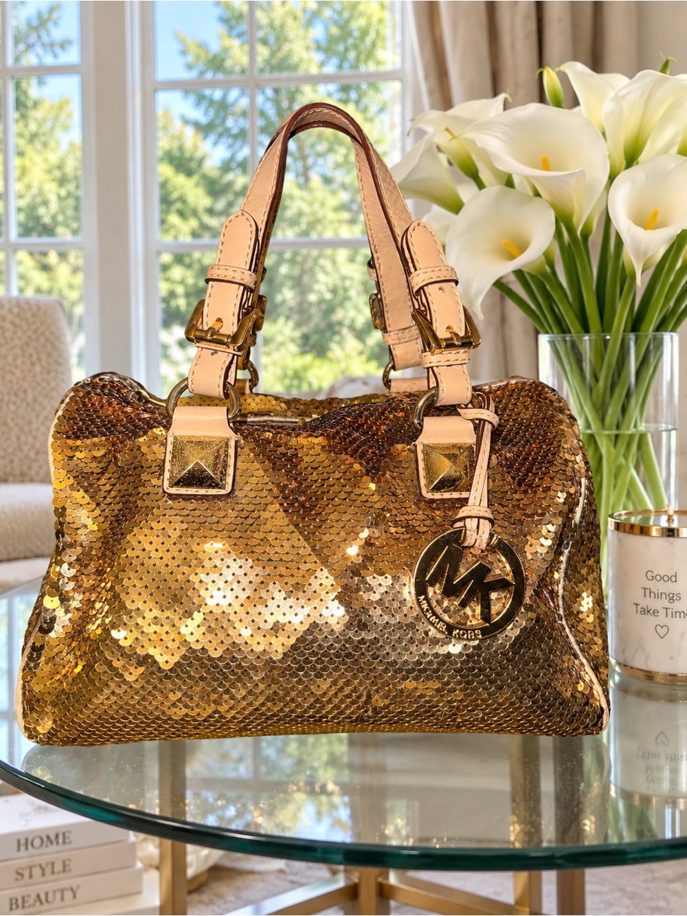 Michael Kors Gold Sequin Grayson Satchel Bag – Glam Metallic Satchel